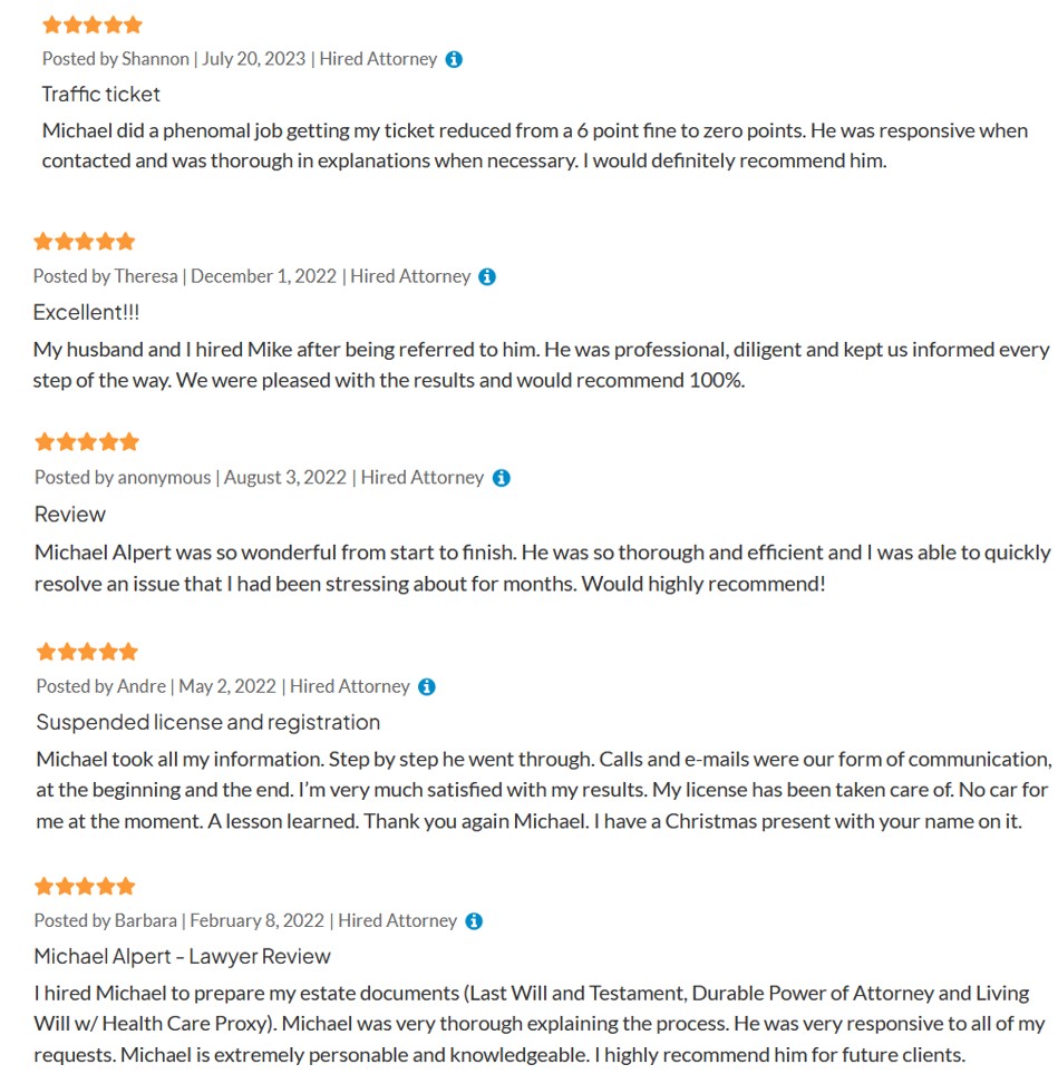 New AVVO client reviews of Michael W. Alpert, Esq.